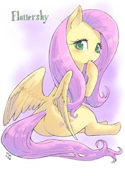 Size: 1536x2173 | Tagged: safe, artist:yanamosuda, fluttershy, pegasus, pony, g4, blushing, butt, female, flutterbutt, hoof on chin, looking at you, looking back, looking back at you, mare, plot, sitting, solo, spread wings, turned head, wings