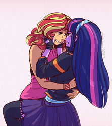 Size: 2400x2700 | Tagged: safe, artist:overlordneon, sunset shimmer, twilight sparkle, human, equestria girls, g4, accessory swap, blue hair, clothes, duo, female, fingerless gloves, gloves, headband, high res, hug, humanized, jacket, lesbian, long hair, looking at each other, love, multicolored hair, pink hair, purple hair, red hair, ship:sunsetsparkle, shipping, skirt, smiling, yellow hair, zipper