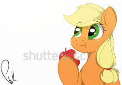 Size: 1500x1039 | Tagged: safe, artist:phyll, applejack, earth pony, pony, g4, apple, female, food, freckles, mare, meme, parody, shutterstock, simple background, white background