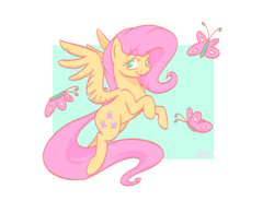 Size: 1024x755 | Tagged: safe, artist:eternalsubscriber, fluttershy, butterfly, pegasus, pony, g4, female, flying, looking at you, looking sideways, smiling, solo, spread wings, wings