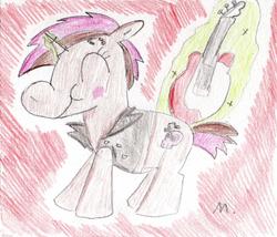 Size: 1559x1332 | Tagged: safe, artist:ptitemouette, oc, oc only, oc:rhyme mash, chubby, electric guitar, guitar, musical instrument, next generation, offspring, parent:button mash, parent:sweetie belle, parents:sweetiemash, punk