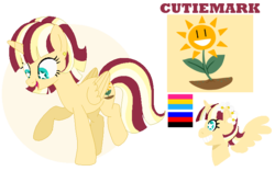 Size: 719x450 | Tagged: safe, artist:iesbeans, oc, oc only, oc:morning glow, alicorn, pony, alicorn oc, cutie mark, flower, flower in hair, looking down, magical lesbian spawn, next generation, offspring, parent:sunset shimmer, parent:twilight sparkle, parents:sunsetsparkle, reference sheet, simple background, smiling, solo, starry eyes, sunflower, transparent background, wingding eyes