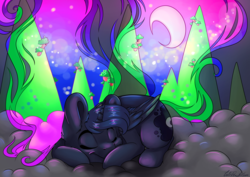 Size: 7016x4961 | Tagged: safe, artist:cutepencilcase, princess luna, alicorn, pony, g4, abstract background, absurd resolution, cloud, crescent moon, female, mare, moon, mountain, redraw, sleeping, smiling, solo, tree