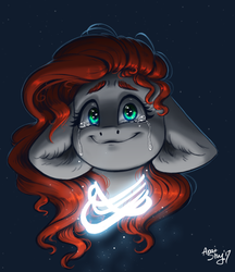 Size: 1208x1399 | Tagged: safe, artist:amishy, oc, oc only, pony, bust, commission, crying, eyebrows, floppy ears, jewelry, necklace, portrait, smiling, solo, ych result
