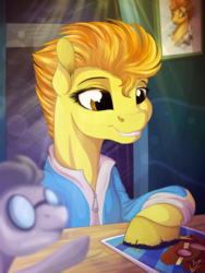 Size: 1024x1365 | Tagged: safe, artist:lupiarts, spitfire, pony, g4, clothes, desk, female, mare, poster, signature, smiling, solo, spitfire's office