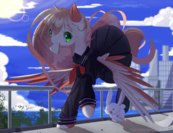 Size: 3080x2369 | Tagged: safe, artist:togeticisa, oc, oc only, pegasus, pony, rabbit, art trade, city, cityscape, clothes, faic, female, high res, outdoors, pleated skirt, running, scenery, school uniform, schoolgirl toast, skirt, skirt lift, solo
