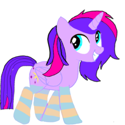 Size: 768x768 | Tagged: safe, artist:wonderschwifty, derpibooru exclusive, oc, oc only, oc:wonder sparkle, alicorn, pony, alicorn oc, clothes, looking up, simple background, smiling, socks, solo, striped socks, white background