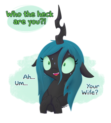 Size: 5315x5906 | Tagged: safe, artist:adequality, artist:tjpones edits, color edit, edit, queen chrysalis, changeling, changeling queen, g4, absurd resolution, colored, cute, cutealis, dialogue, fangs, female, floppy ears, implied shining armor, nervous, offscreen character, smiling, sweat