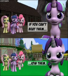 Size: 3860x4350 | Tagged: safe, artist:goatcanon, fluttershy, pinkie pie, starlight glimmer, twilight sparkle, g4, 3d, before and after, dialogue, if you can't beat them join them, our town, ponyville, starlight's village, town hall