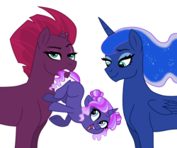 Size: 1024x856 | Tagged: safe, artist:cascayd, fizzlepop berrytwist, princess luna, tempest shadow, oc, oc:midnight crescendo, alicorn, pony, unicorn, g4, my little pony: the movie, broken horn, female, horn, lesbian, magical lesbian spawn, mother and child, mother and daughter, offspring, parent:princess luna, parent:tempest shadow, parents:tempestluna, princess luna is amused, raised eyebrow, ship:tempestluna, shipping, trio