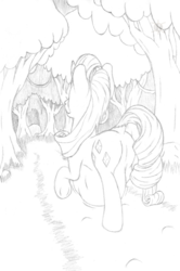 Size: 1036x1560 | Tagged: safe, artist:perpendicular white, rarity, pony, unicorn, g4, butt, dock, everfree forest, featureless crotch, female, fetish, forest, implied pinkie pie, lineart, monochrome, pinkie prey, plot, raripred, reformation (vore), sketch, tree, vore