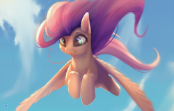 Size: 1308x830 | Tagged: dead source, safe, artist:noctilucent-arts, fluttershy, pegasus, pony, g4, cloud, cropped, female, flying, mare, sky, smiling, solo, spread wings, windswept mane, wings