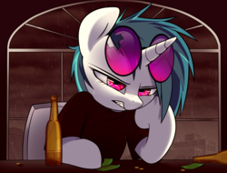 Size: 1725x1310 | Tagged: safe, artist:php69, dj pon-3, vinyl scratch, pony, unicorn, g4, alcohol, angry, beer bottle, broken glasses, city, clothes, coin, crying, female, glasses, mare, money, rain, sad, sitting, solo, window