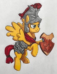 Size: 2104x2743 | Tagged: safe, artist:bozzerkazooers, flash magnus, pegasus, pony, g4, helmet, high res, male, netitus, shield, simple background, solo, stallion, traditional art