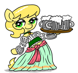 Size: 640x600 | Tagged: safe, artist:ficficponyfic, oc, oc only, oc:golden brisk, pony, alcohol, bedroom eyes, beer, bipedal, clothes, collar, crossdressing, dress, simple background, solo, tray, white background