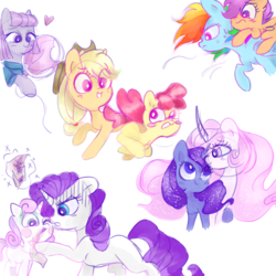 Size: 5000x5000 | Tagged: safe, artist:pinkablue, apple bloom, applejack, maud pie, princess celestia, princess luna, rainbow dash, rarity, scootaloo, sweetie belle, alicorn, earth pony, pegasus, pony, unicorn, g4, absurd resolution, balloon, curved horn, cute, cutie mark crusaders, female, filly, filly celestia, filly luna, heart, horn, magic, makeup, mare, simple background, sisters, telekinesis, white background, woona, younger