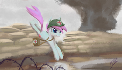 Size: 1748x1000 | Tagged: safe, artist:hecc95, nurse redheart, pony, g4, drawthread, female, helmet, medic, solo, trench, war