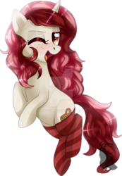 Size: 800x1157 | Tagged: safe, artist:sugguk, oc, oc only, oc:red palette, pony, unicorn, clothes, female, mare, one eye closed, simple background, socks, solo, striped socks, transparent background, watermark, wink