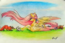 Size: 1299x869 | Tagged: safe, artist:cloud-dash, fluttershy, deer, fawn, fox, pegasus, pony, rabbit, g4, alternate hairstyle, animal, braid, looking at something, one wing out, prone, smiling, traditional art, windswept mane, wings