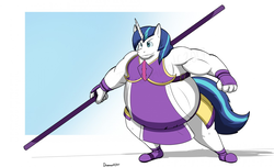 Size: 1280x780 | Tagged: safe, artist:th0mas, shining armor, anthro, g4, belly, bhm, big belly, fat, fighting stance, musclegut, shining blubber, smug, staff, stance, tight clothing, weight gain