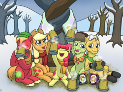 Size: 1280x960 | Tagged: safe, artist:mkogwheel, apple bloom, applejack, big macintosh, bright mac, grand pear, granny smith, pear butter, earth pony, pony, g4, apple family, apple siblings, apple sisters, applejack's parents, both cutie marks, brother and sister, cheers, cider, clothes, crying, days gone by, father and daughter, father and son, father and son-in-law, female, food, grandfather and grandchild, grandfather and granddaughter, grandfather and grandson, grandmother and grandchild, grandmother and granddaughter, grandmother and grandson, intertwined trees, it's a pony kind of christmas, laughing, libation, male, mother and child, mother and daughter, mother and daughter-in-law, mother and son, mug, scarf, siblings, sisters, tankard, the cmc's cutie marks, winter