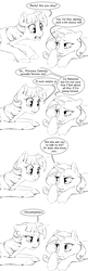 Size: 1980x6120 | Tagged: safe, artist:silfoe, rarity, twilight sparkle, alicorn, pony, unicorn, royal sketchbook, g4, black and white, blushing, comic, dialogue, duo, female, floppy ears, grayscale, implied rarilestia, implied shipping, mare, monochrome, prone, simple background, speech bubble, twilight sparkle (alicorn), white background, wide eyes, you dun goofed