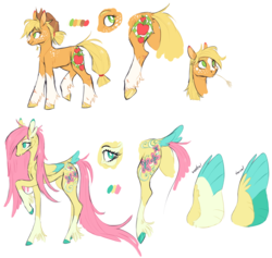 Size: 2574x2442 | Tagged: safe, artist:xenon, applejack, fluttershy, earth pony, pegasus, pony, g4, alternate design, butt, coat markings, colored hooves, colored wings, colored wingtips, duo, female, high res, mare, plot, redesign, reference sheet, scar, simple background, socks (coat markings), straw in mouth, tail feathers, underhoof, unshorn fetlocks, white background