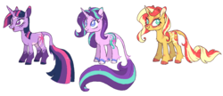 Size: 1481x640 | Tagged: safe, artist:xenon, starlight glimmer, sunset shimmer, twilight sparkle, classical unicorn, pony, unicorn, g4, alternate cutie mark, alternate design, alternate hairstyle, cloven hooves, coat markings, colored hooves, extended cutie mark, female, horn, leonine tail, mare, redesign, simple background, unshorn fetlocks, white background