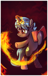 Size: 3125x4900 | Tagged: safe, artist:estories, oc, oc only, oc:firestrider, pony, unicorn, g4, bipedal, book, female, fire, glowing horn, high res, horn, horn jewelry, jewelry, mare, pyromancy, solo