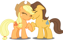 Size: 1593x1016 | Tagged: artist needed, source needed, safe, applejack, caramel, earth pony, pony, g4, cuddling, cute, eyes closed, female, male, mare, raised hoof, ship:carajack, shipping, simple background, smiling, snuggling, stallion, straight, transparent background, vector