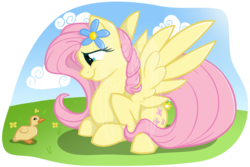 Size: 2100x1400 | Tagged: safe, artist:tuppkam1, fluttershy, duck, pegasus, pony, g4, cute, duckling, female, flower, flower in hair, lightly watermarked, looking at something, looking down, profile, prone, shyabetes, smiling, solo, spread wings, watermark, wings