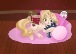 Size: 1754x1240 | Tagged: safe, artist:maranora, oc, oc only, oc:nicky, oc:sharp, pony, unicorn, book, carpet, colt, couple, female, hug, love, male, mare, paws, pillow, shrinking spell, snuggling, straight, tiny, tongue out
