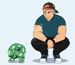 Size: 1024x891 | Tagged: safe, artist:nolycs, rainbow dash, tank, human, tortoise, g4, cap, clothes, converse, hat, humanized, male, multicolored hair, pants, rainbow blitz, rule 63, shirt, shoes, simple background, smiling, squatting, sunglasses, watermark