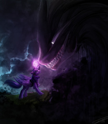 Size: 3208x3677 | Tagged: safe, artist:yummiestseven65, pony of shadows, twilight sparkle, alicorn, pony, g4, shadow play, clothes, darkness, epic, glowing horn, good vs evil, high res, horn, twilight sparkle (alicorn)