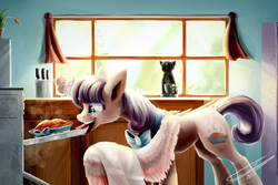 Size: 1200x800 | Tagged: safe, artist:yummiestseven65, oc, oc only, pegasus, pony, commission, female, fluffy, food, kitchen, mare, mouth hold, oven, pie, smiling, solo, wing hold