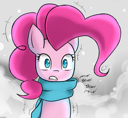 Size: 1500x1381 | Tagged: safe, artist:genericmlp, pinkie pie, earth pony, pony, g4, clothes, cold, female, mare, scarf, shivering, snow, solo