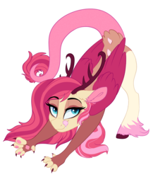 Size: 1277x1470 | Tagged: safe, artist:saphi-boo, oc, oc only, oc:jinx, draconequus, hybrid, pony, draconequus oc, interspecies offspring, offspring, parent:discord, parent:fluttershy, parents:discoshy, simple background, solo, stretching, tongue out, transparent background, unshorn fetlocks