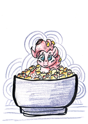 Size: 912x1280 | Tagged: safe, artist:shoeunit, pinkie pie, earth pony, pony, g4, bowl, colored pencil drawing, corn, esquites, female, food, mare, ponies in food, solo, traditional art