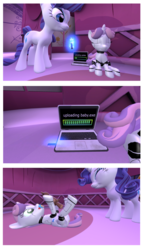 Size: 2000x3492 | Tagged: safe, artist:northern haste, rarity, sweetie belle, pony, robot, robot pony, g4, 3d, comic, computer, diaper, diaper fetish, female, fetish, high res, laptop computer, lying down, mental regression, non-baby in diaper, on back, pacifier, source filmmaker, sweetie bot, usb