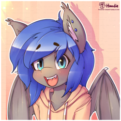 Size: 550x550 | Tagged: safe, artist:hoodie, oc, oc only, oc:moonslurps, bat pony, anthro, semi-anthro, blushing, bust, clothes, hoodie, solo, wings