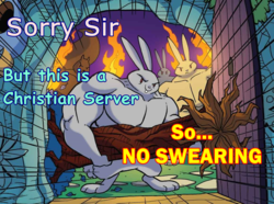 Size: 1159x864 | Tagged: safe, artist:tonyfleecs, edit, idw, rabbit, squirrel, g4, legends of magic, spoiler:comic, spoiler:comiclom9, christian server, christianity, comic sans, context is for the weak, dank memes, door, fire, frown, glare, looking at you, muscles, no swearing, smiling, smirk, swearing, swearing on a christian server, swol, tree, wat, wrong neighborhood
