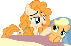 Size: 4903x3212 | Tagged: safe, artist:ironm17, applejack, pear butter, earth pony, pony, g4, blanket, cute, female, hoof on cheek, jackabetes, looking at each other, mother and daughter, pearabetes, pillow, simple background, singing, transparent background, vector