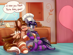 Size: 3000x2277 | Tagged: safe, artist:graphene, oc, oc only, oc:cinnamon toast, oc:magna-save, original species, pegasus, plush pony, pony, unicorn, blushing, cheek kiss, chef's hat, clothes, cute, dialogue, eyes closed, female, hat, heart, high res, horn, horn ring, hug, kissing, kitchen, lesbian, married, married couple, oc x oc, shipping, smiling, socks, striped socks, wing ring