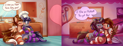 Size: 6000x2277 | Tagged: safe, artist:graphene, oc, oc only, oc:cinnamon toast, oc:magna-save, original species, pegasus, plush pony, pony, unicorn, blushing, cheek kiss, clothes, cute, dialogue, eyes closed, female, heart, high res, horn, horn ring, hug, jacket, kissing, lesbian, married, married couple, mouth hold, oc x oc, one eye closed, pinball, pinball machine, screwdriver, shipping, smiling, socks, striped socks, tools, wing ring