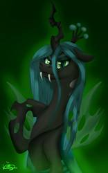 Size: 800x1280 | Tagged: safe, artist:lordofthefeathers, queen chrysalis, changeling, changeling queen, g4, crown, fangs, female, floppy ears, jewelry, regalia, smiling, solo