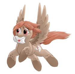 Size: 860x851 | Tagged: safe, artist:rudazmora, oc, oc only, oc:turtle dove, oc:turtledove, dove, pegasus, pony, cute, envelope, female, flying, letter, mare, mouth hold, simple background, transparent background