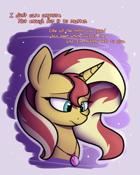 Size: 1200x1500 | Tagged: safe, artist:heir-of-rick, part of a set, sunset shimmer, pony, unicorn, g4, bust, comic, depression, dialogue, female, geode of sugar bombs, jewelry, mare, necklace, solo