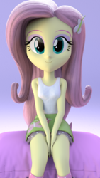 Size: 2160x3840 | Tagged: safe, artist:creatorofpony, artist:efk-san, artist:rajaie, part of a set, fluttershy, human, equestria girls, g4, 3d, blender, clothes, commission, cute, female, high res, legs, looking at you, moe, remake, shyabetes, sitting, skirt, smiling, socks, solo, tank top, upskirt denied
