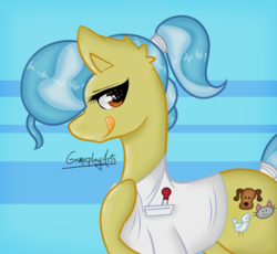 Size: 1776x1636 | Tagged: safe, artist:gameplayart, doctor fauna, pony, g4, abstract background, licking, licking lips, looking at you, ponytail, signature, solo, tail wrap, thermometer, tongue out