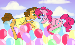 Size: 2490x1500 | Tagged: safe, cheese sandwich, pinkie pie, earth pony, pony, g4, balloon, duo, floating, smiling, that pony sure does love balloons, then watch her balloons lift her up to the sky